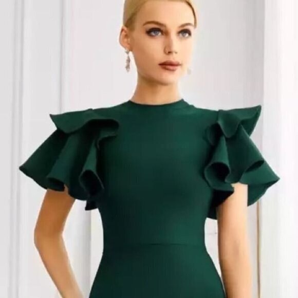 Green Midi Bandage Dress with Ruffles Short Sleeve and a high neck Dress - Picture 10 of 10